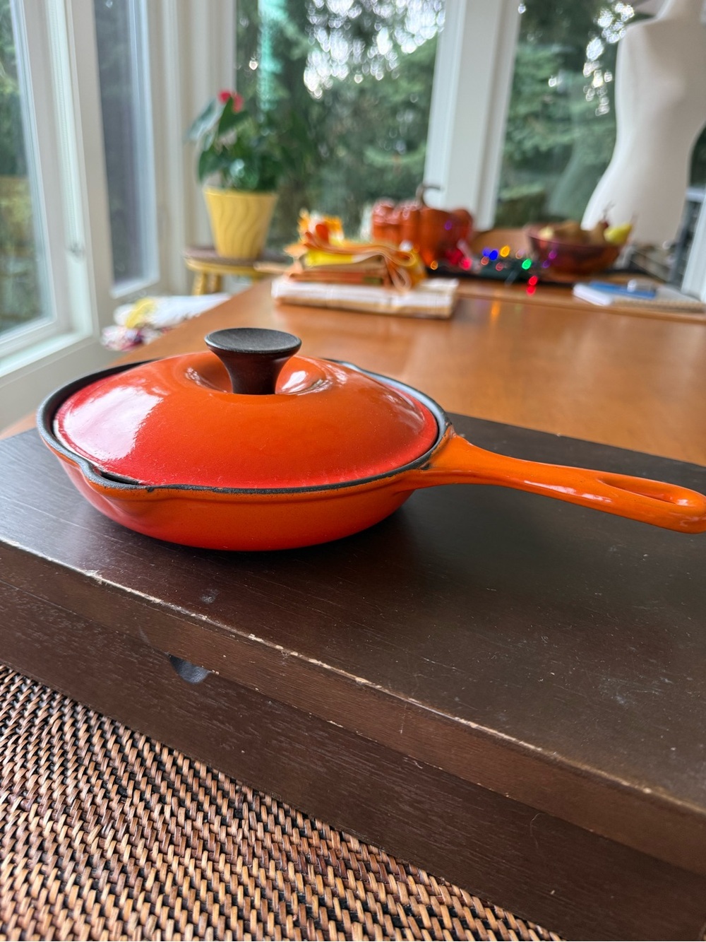 Le Creuset Orange Enameled Cast Iron Skillet. Read about the lid.